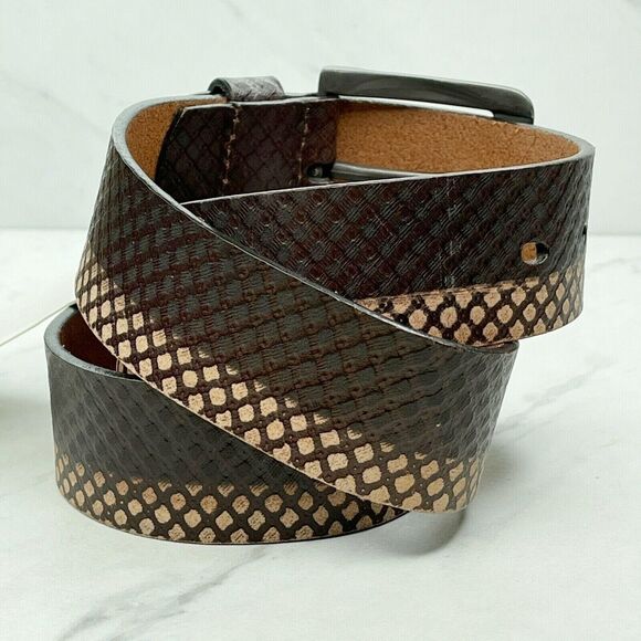 Basket Weave Embossed Brown Leather Belt Size 34 - Picture 4 of 4